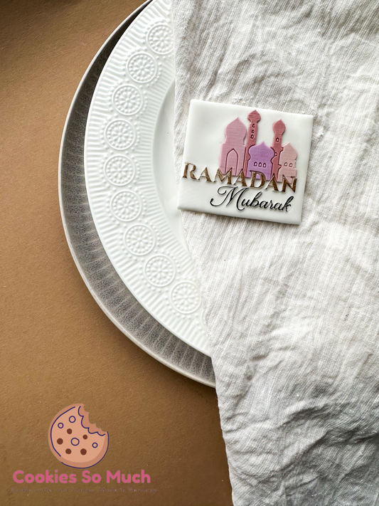Ramadan Mubarak mit Moschee Silhouette acryl debosser und ausstecher