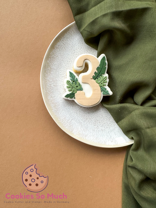 Zahl 3 mit Dschungel blätter Acryl Debosser + Ausstecher