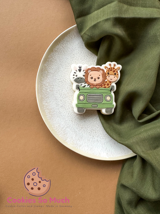 Jeep mit Löwe, Zebra und Giraffe Acryl Debosser + Ausstecher