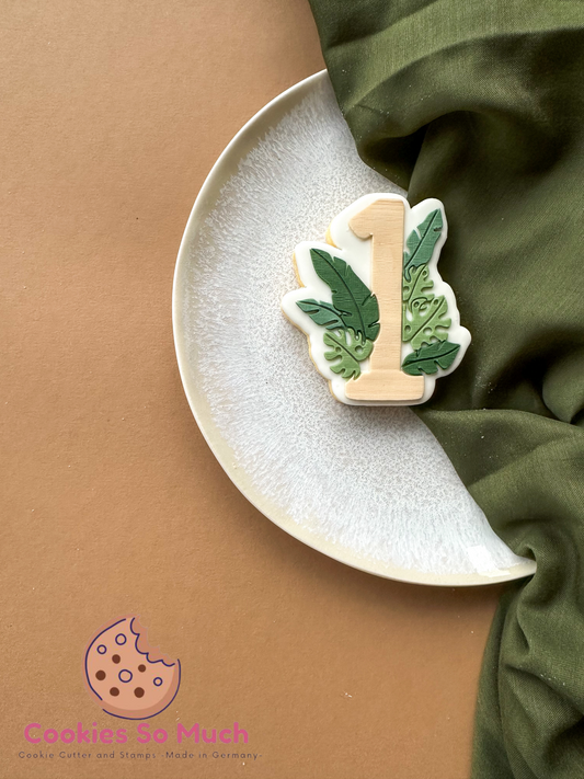 Zahl 1 mit Dschungel blätter Acryl Debosser + Ausstecher